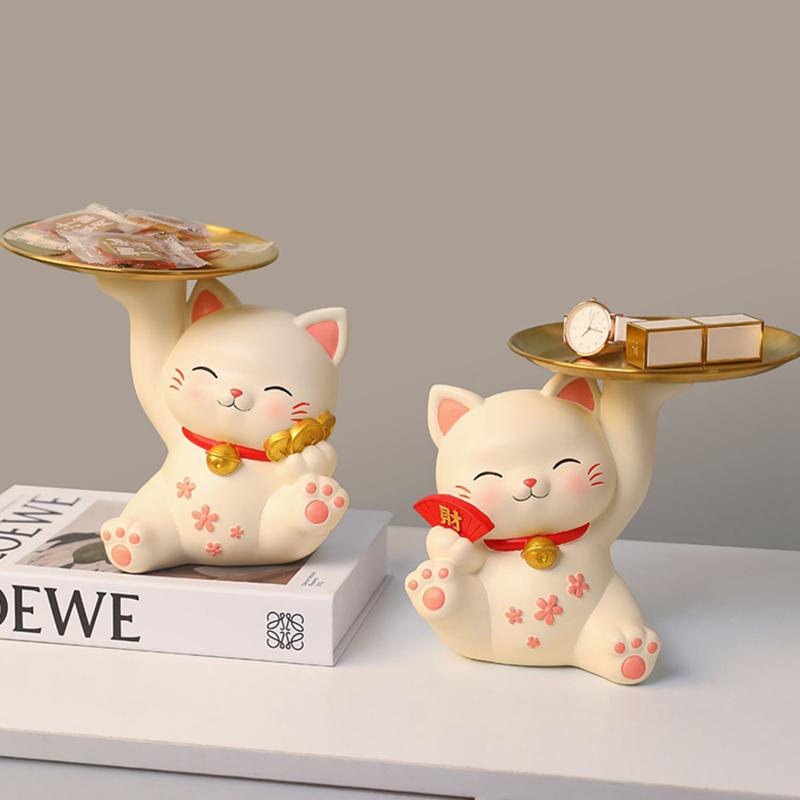 Lucky Cat Figurine with Bamboo Tray Stand, Resin Maneki Neko Decorative Storage Holder Key Plate Doorway Centerpiece