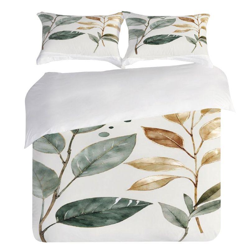 Pillowcase Quilt Cover 3-Piece Bedding Watercolor Style,Golden Green Leaf Pattern,Washable,Durable