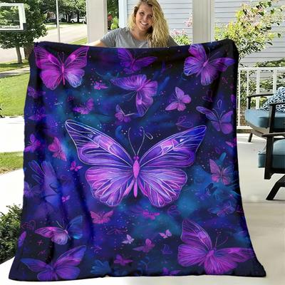 1pc Purple Dream Butterfly Print Portable Blanket, Lightweight Flannel Throw for Sofa, Bed, Travel, Camping, Livingroom, Office, Couch, Chair, And Bed