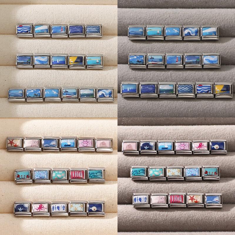 Fashion Blue Series Seaside Scenery Seawave Sailing Italian Charm Links Fit 9mm Stainless Steel Bracelet Jewelry DIY Making