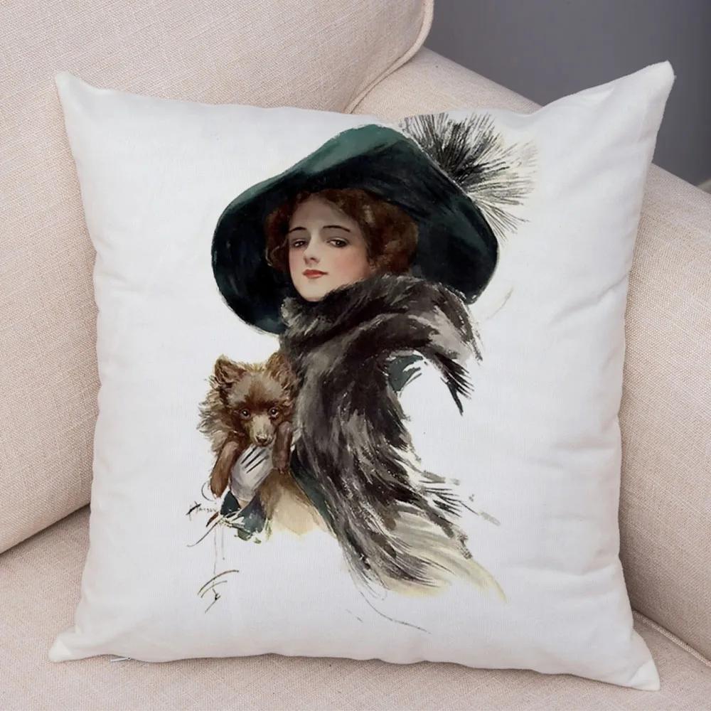 European Lady Cushion Cover Decor Vintage Style Elegant Women Print Pillowcase for Sofa Home Car Soft Plush Pillow Case 45x45cm