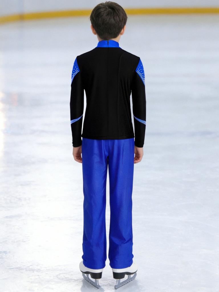 Kids Boys Figure Skating Outfit Mock Neck Long Sleeve Back Invisible Zipper Color Block Shiny Rhinestones Top with Elastic Waistband Pants Competition