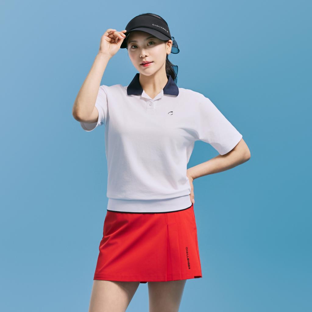 CHALLENGER Women'S Pq Material Color Block Open Collar Short Sleeve T-Shirt White