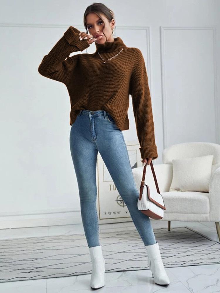 Pull à Col Haut Ample en Tricot pour Femme - Vêtement d'Extérieur Pull Décontracté Automne & Hiver