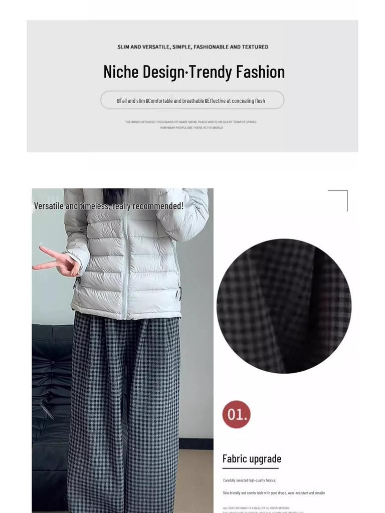 Women's Retro Plaid Wool Fleece-Lined Wide-Leg Pants - Casual Loose Fit for Autumn and Winter