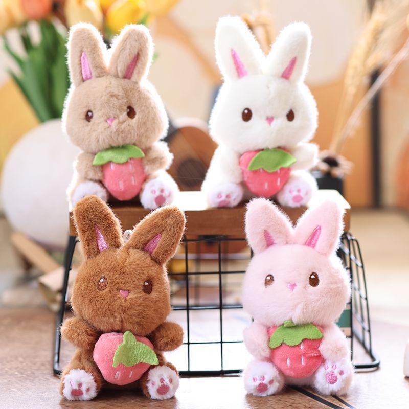 Cute Strawberry Bunny Plush Keychain Cartoon Stuffed Doll Keyring Student Bag Pendant Backpack Hanging Decoration Gifts
