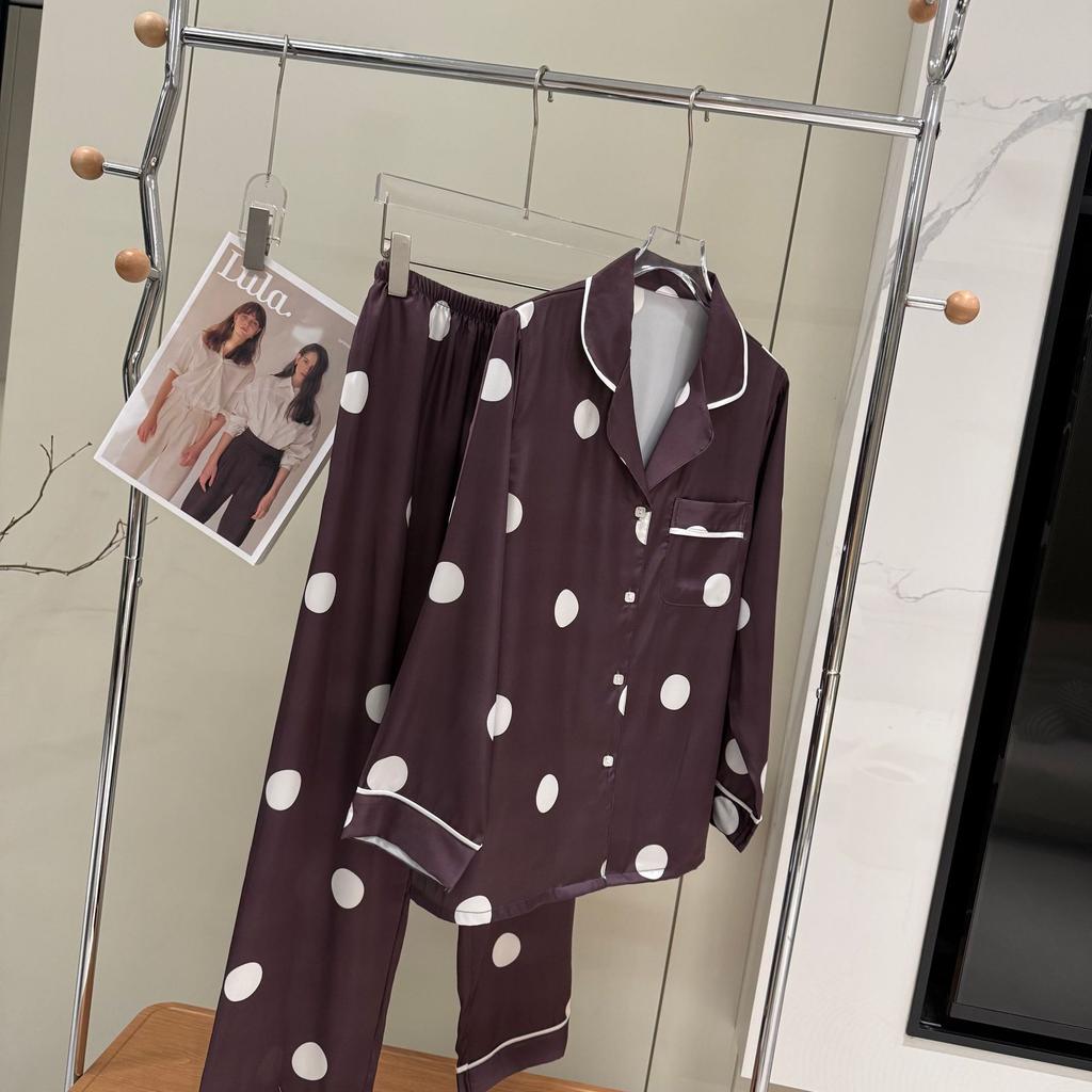 Pajamas women's spring and autumn ice silk long-sleeved trousers simple polka dot set high-grade satin sweet polka dot loungewear thin