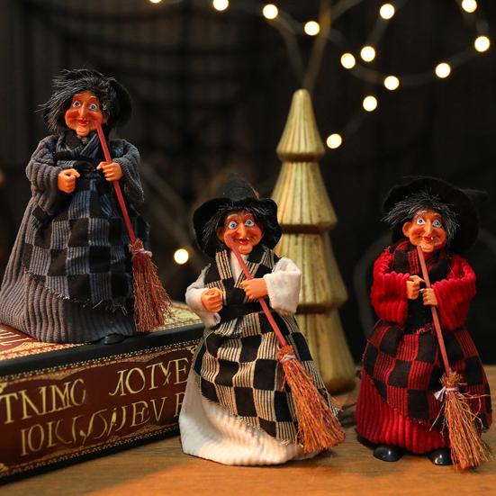 Halloween Witch Doll Decoration Spooky Witch Statue with Broomstick for Home Living Room Fireplace Mantel End Table Desktop Decor