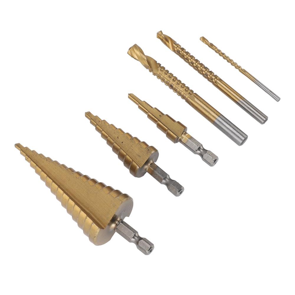 6pcs Hex Shank Step Drill Bit Set High Speed Steel Titanium Coated Bits Woodworking