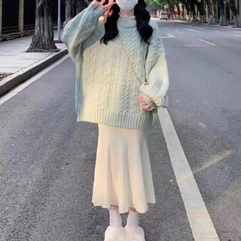 Red Twist Crew Neck Medium and Long Thickened Winter Lazy Wind Loose Top Plus Fat Large Size Knitted Sweater for Women