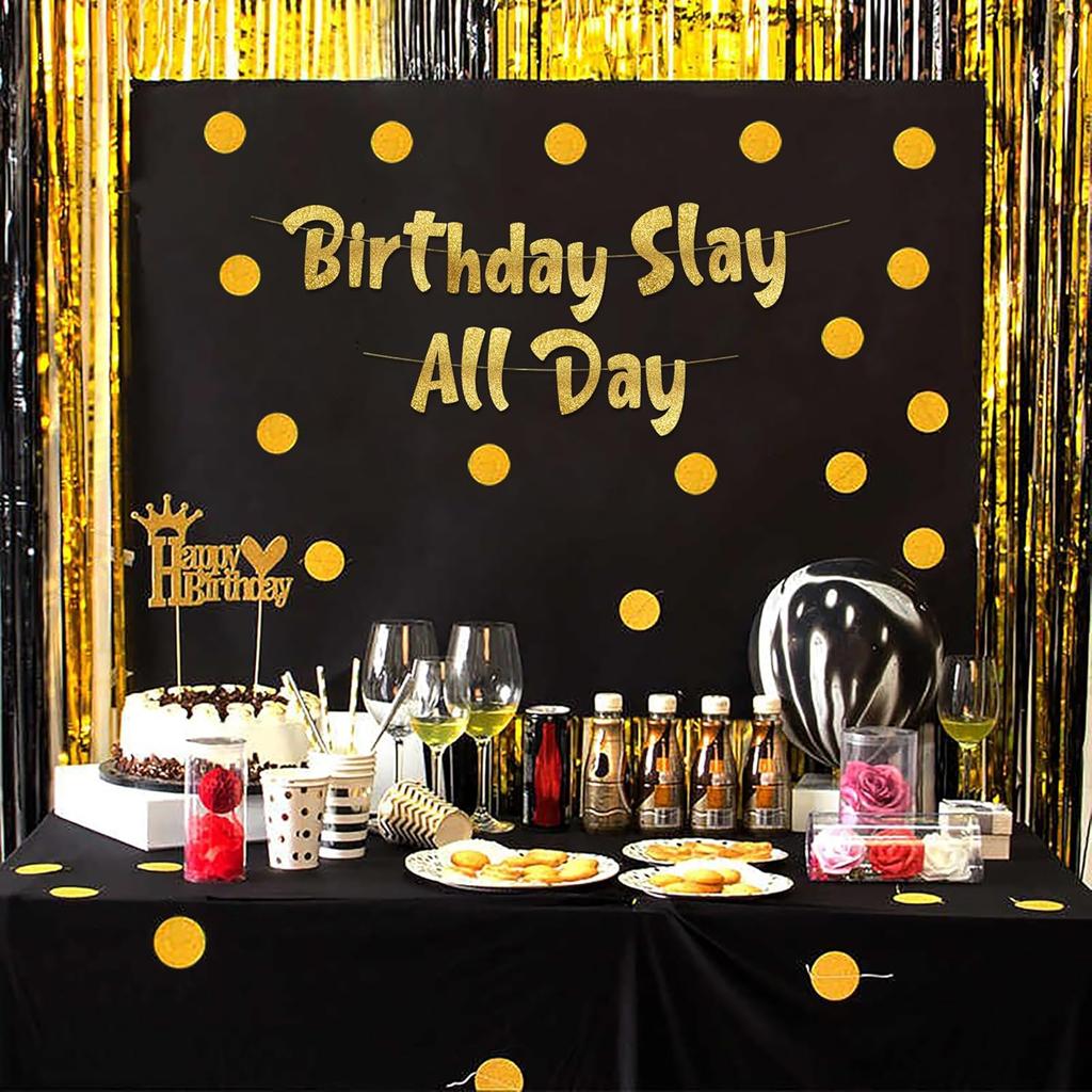 Birthday Slay All Day Gold Glitter Banner - Gen Z Slag - Funny Zoomer Birthday Decorations, Favors, Supplies, Ideas and Gifts