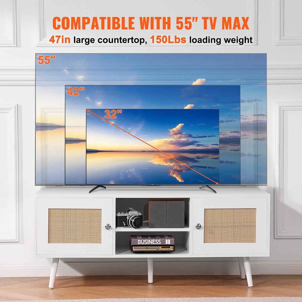 Rattan TV Stand, Boho TV Cabinet for 55 inch TV, Mid Century Modern TV Stand, Rattan TV Console with Adjustable Shelfs for Living Room, Media Room,