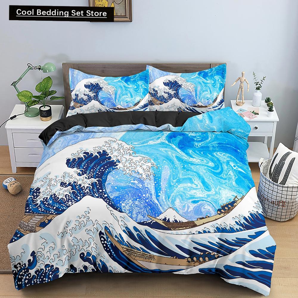 Ozeanwelle Bettwäscheset 3D Abstrakte Kunst Bettbezug King/Queen Größe mit Kissenbezug Aquarellstil 2/3-teilig Polyester Steppdeckenbezug