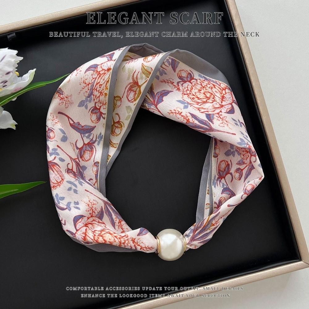 Thin Pearl Silk Scarf Magnetic Clasp Neck Wrap Fashion Neckerchief  for Women