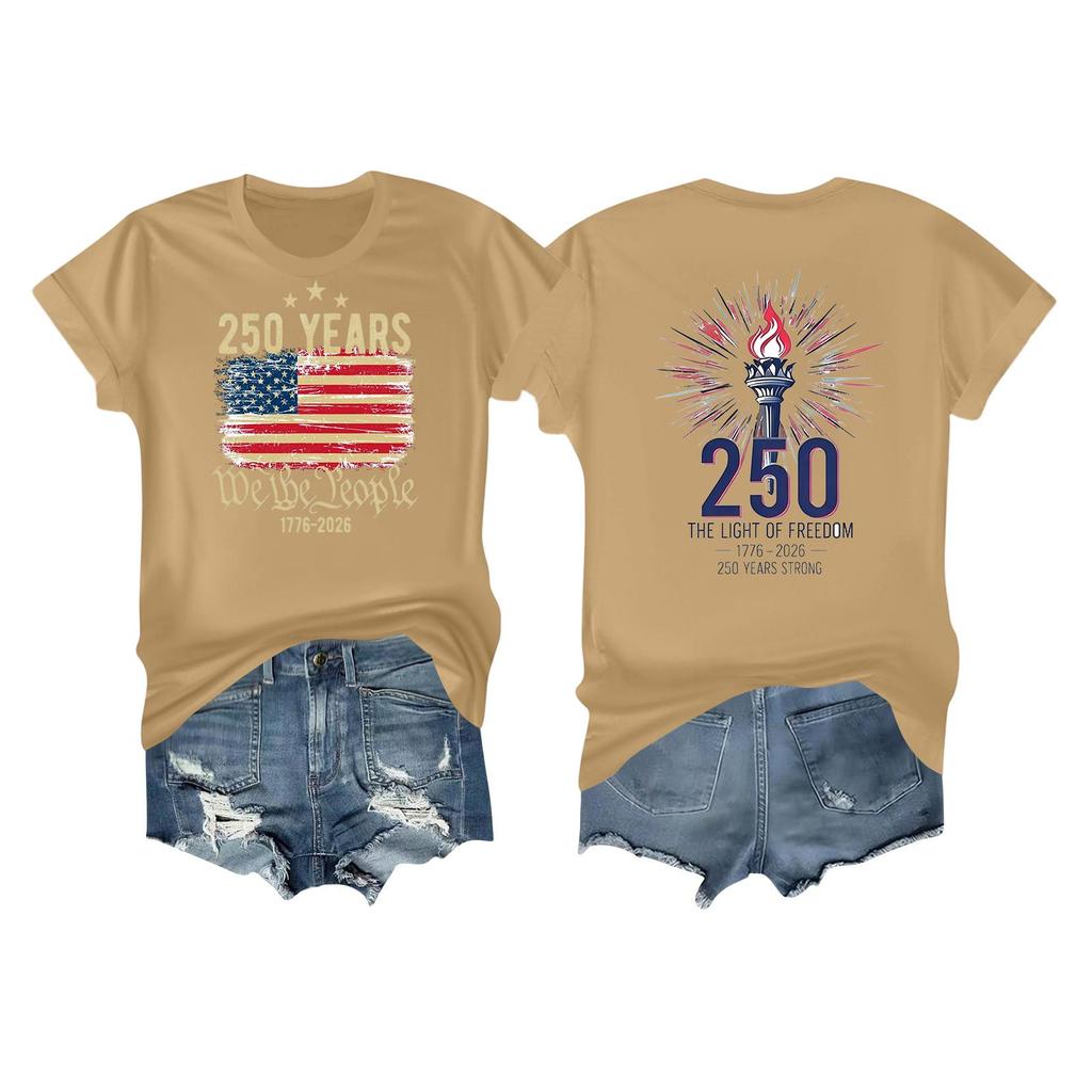 Women's Casual Independence Day 250 Anniversary Printed T-shirt Round Neck Pullover Short Sleeve Top