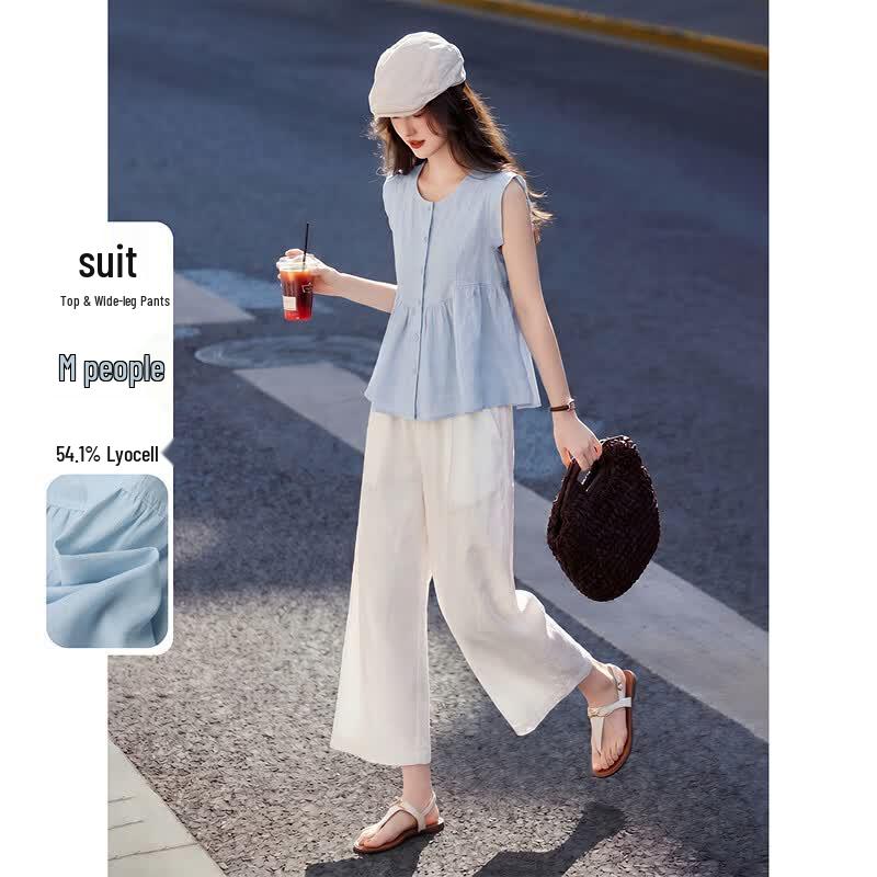 Women s Lyocell Linen Sleeveless Shirt & Cropped Pants Set M