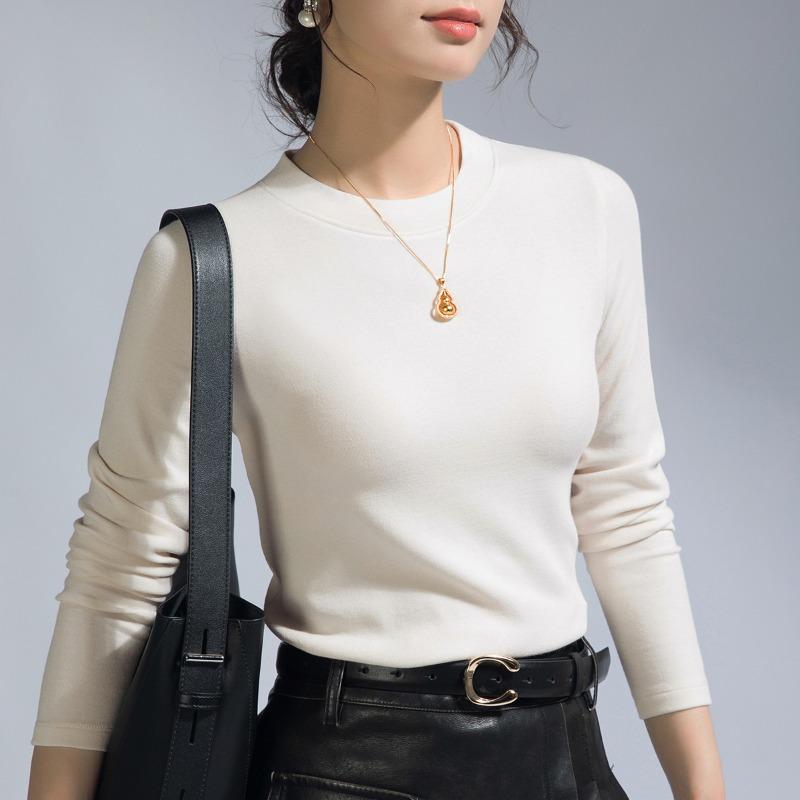 

Sheep wool bottoming shirt women s summer model with new long-sleeved t-shirt crew neck slim-fit top black can be worn outside XXXL абрикосовый