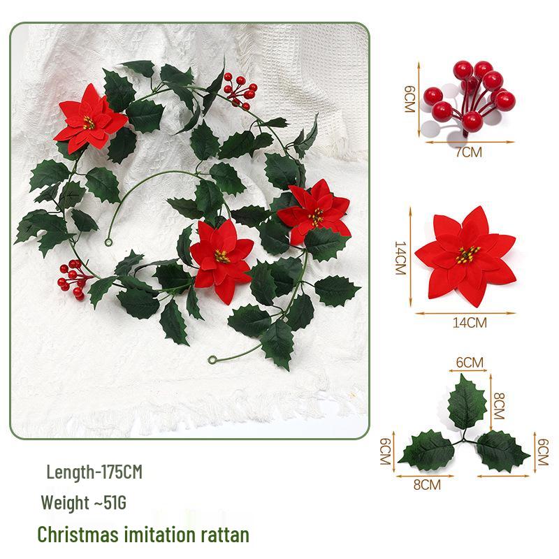 European & American Christmas Poinsettia and Holly Red Berry Vine Artificial Greenery for Home & Holiday Décor