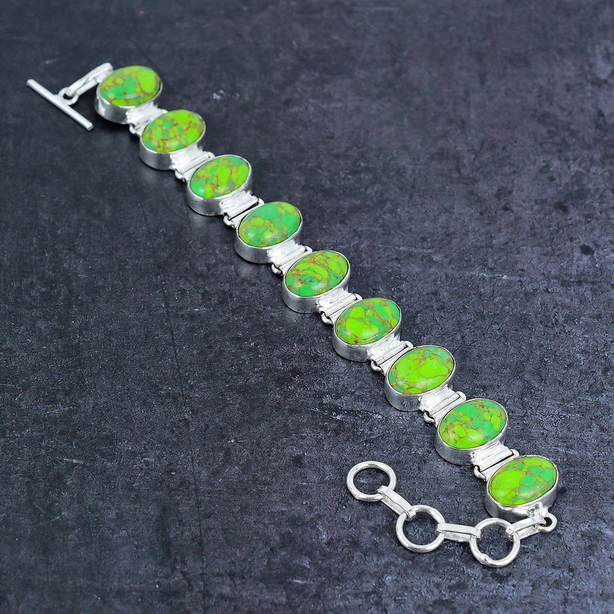 

Natural Copper Green Turquoise Gemstone 925 Sterling Silver Bracelet 7-8 O1N69