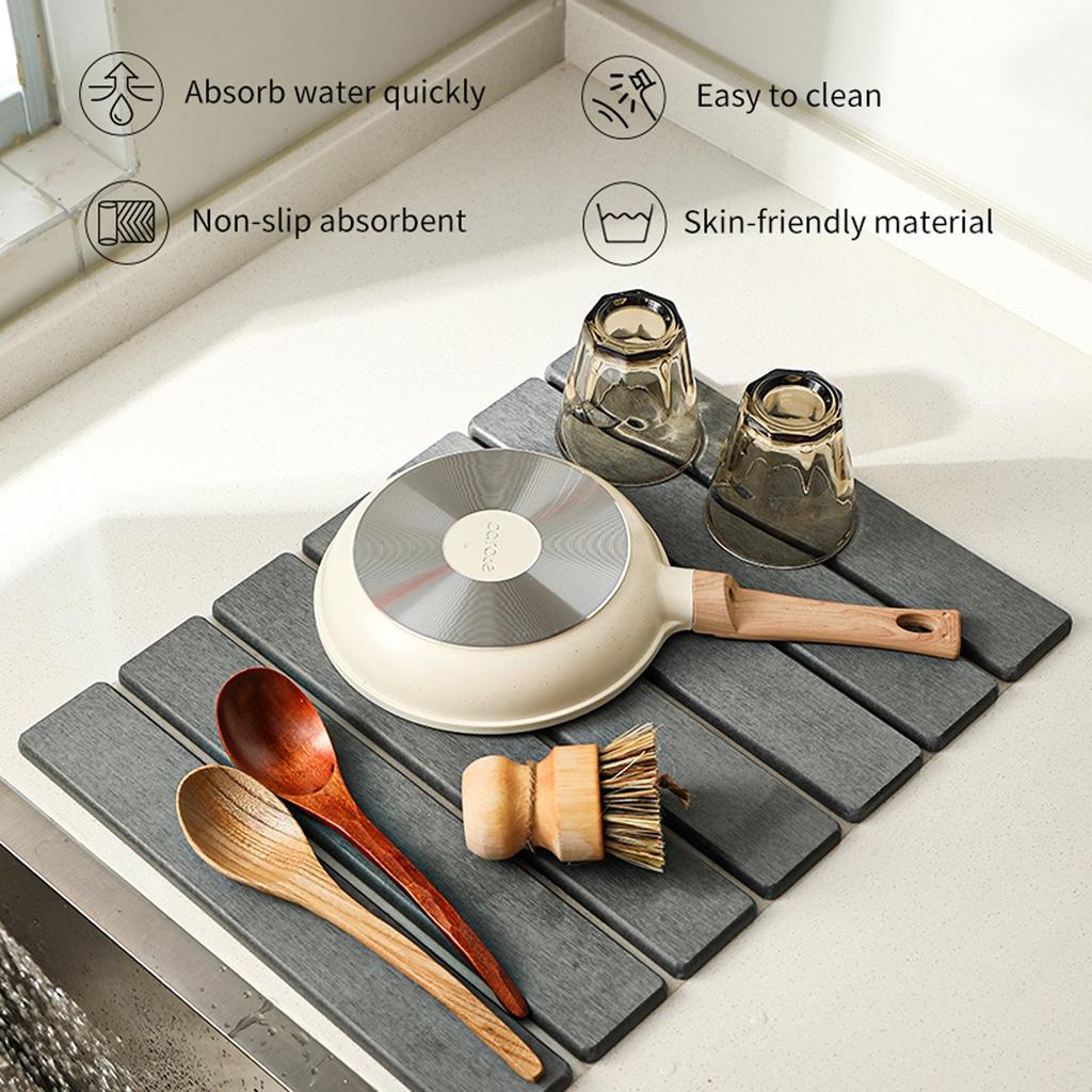 15.74 Inch Diatomaceous Earth Tableware Drying Mat Foldable Dish Mat Kitchen Bathroom Multi-function Countertop Absorbent Mat