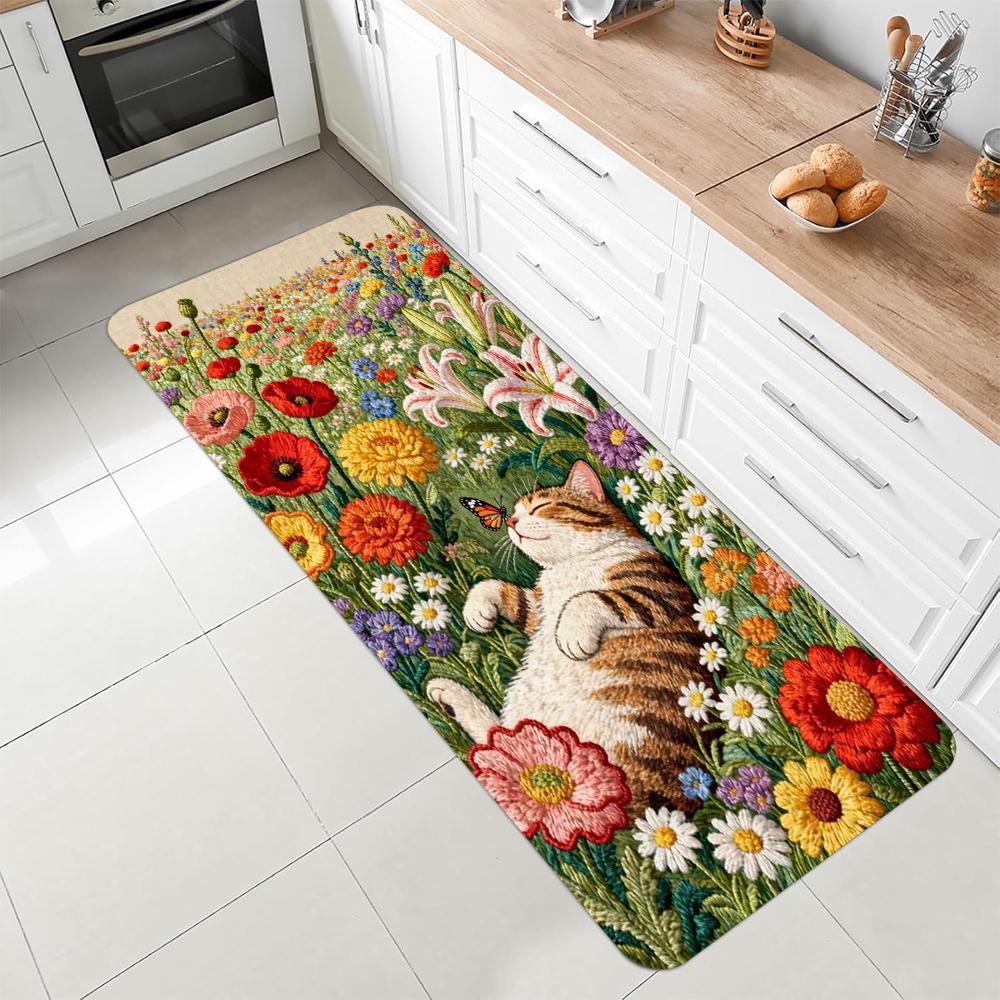 

Cute Cat Floral Embossed Kitchen Mat Non-slip Waterproof Anti-fatigue Long Rug for Laundry Room Hallway Easy Clean Carpet 40X120CM