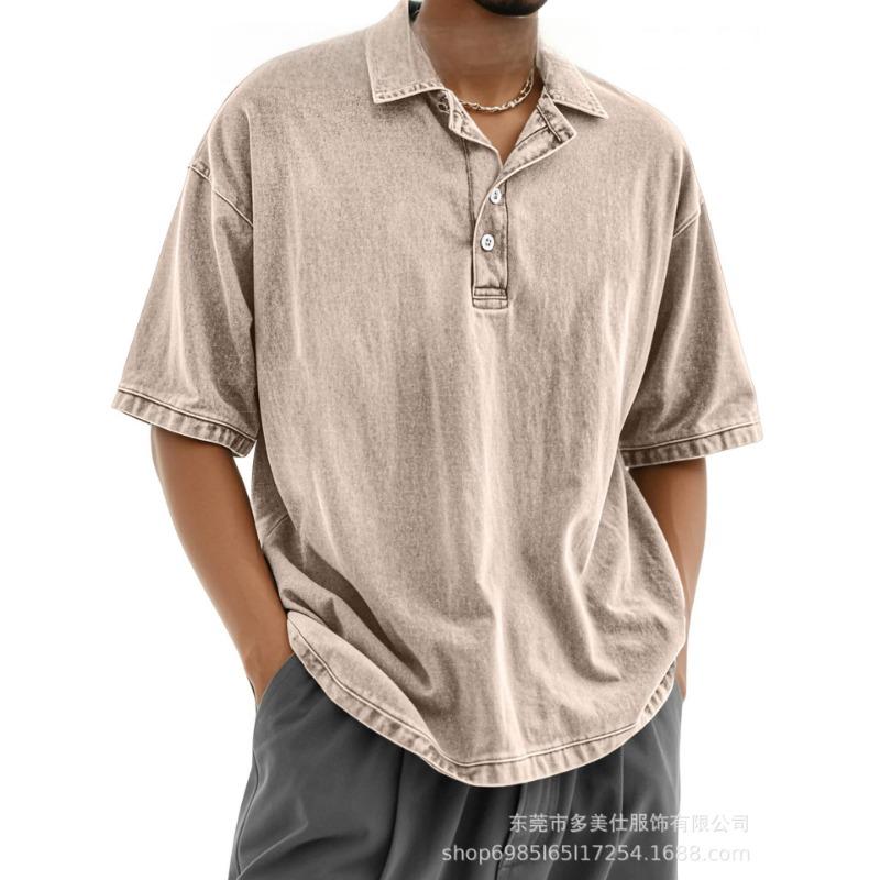 Mens Casual Washed Solid Color Drop Shoulder Short Sleeve Polo Shirt