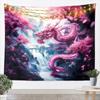 Chinese Dragon Kids Tapestry,Sakura Flowers Waterfall Natural Wall Tapestries,Girls Boys Room Decor,Cherry Blossom Lake Romantic