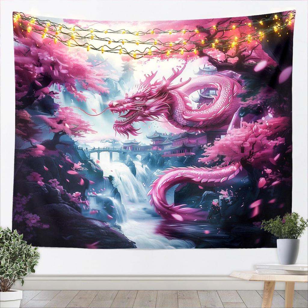 Chinese Dragon Kids Tapestry,Sakura Flowers Waterfall Natural Wall Tapestries,Girls Boys Room Decor,Cherry Blossom Lake Romantic