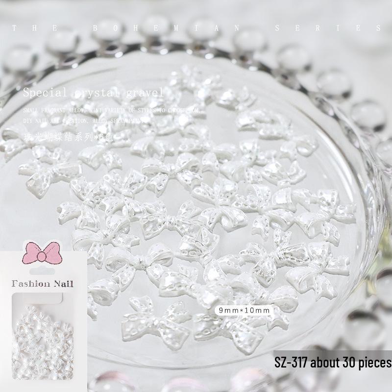 White Pearlescent Bowknot Nail Jewelry - 3D Resin Butterfly Ribbon (30 Pieces)