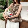 Summer Women Casual Round Neck Sleeveless Plaid Print Tank Tops