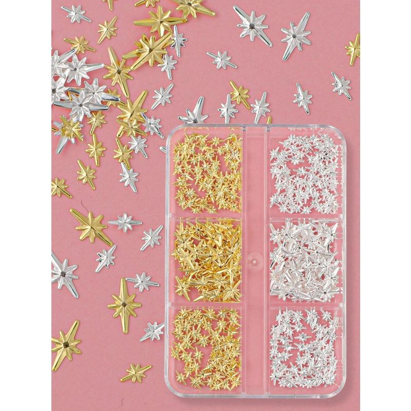 6 Grids Nail Studs, 3D Gold & Silver Cross Star, Mini Metallic Hexagram Rivets, DIY Nail Art Accessories, Women & Girls Nail Supplies
