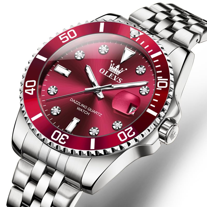 OLEVS Men's Quartz Watch, Business Style, Stylish, Waterproof, Diamond-Inspired, Metal Band, Date Display, Luminous, Gift, Red