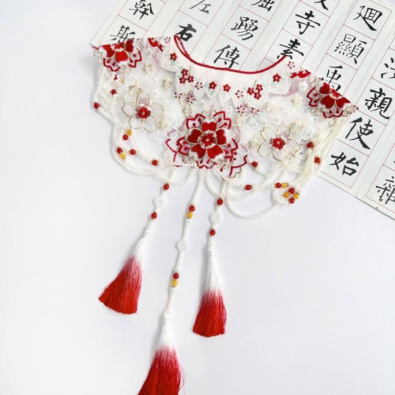 Traditional Chinese Styles Embroidery Collar Tassels Pearls Detachable Cloud Cape Decorative Collar Costume Accessory