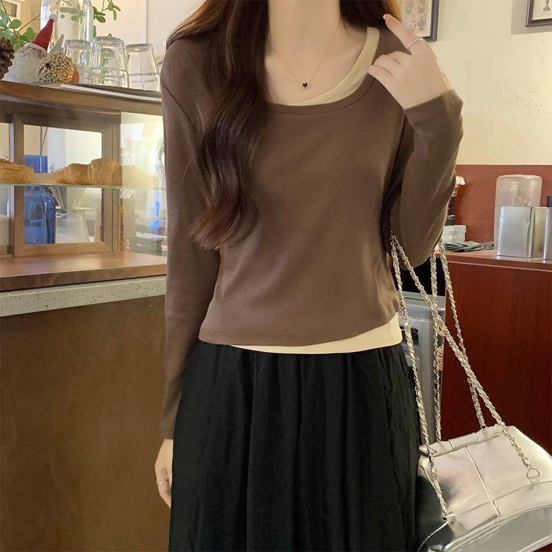Letošní populární dámské slim tričko s dlouhým rukávem a čtvercovým výstřihem, falešný dvoudílný límeček odhalující klíční kosti, dámské jarní a podzimní topy