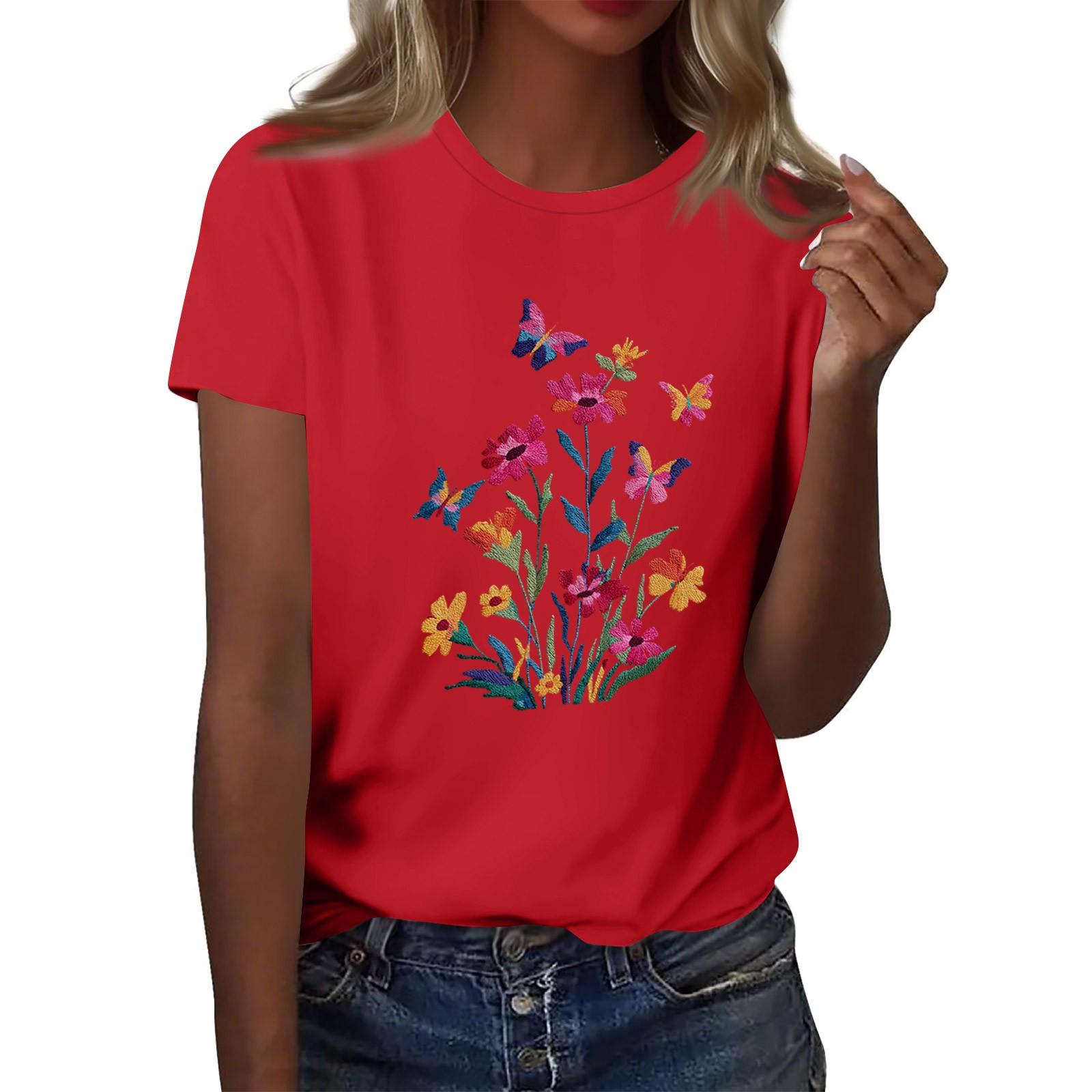 

Жіноча модна повсякденна футболка з принтом і круглим вирізом з короткими рукавами Топ Футболка Топ L червоний