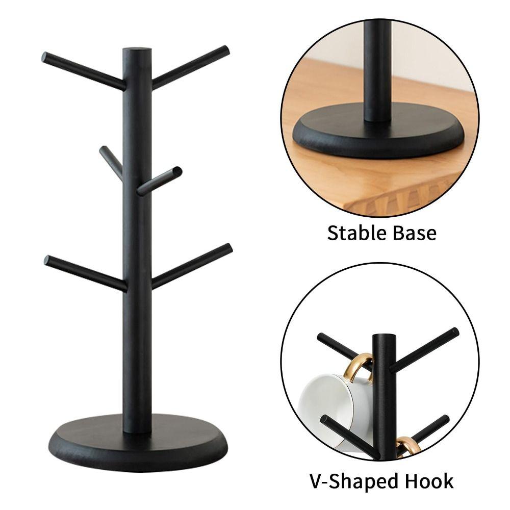 6 Haken Bambus Kaffeetassenhalter Verdickte Basis Holzmaterial Tassenbaum Baumform Stabiles Design Kaffeetassenständer Küchenaufbewahrung