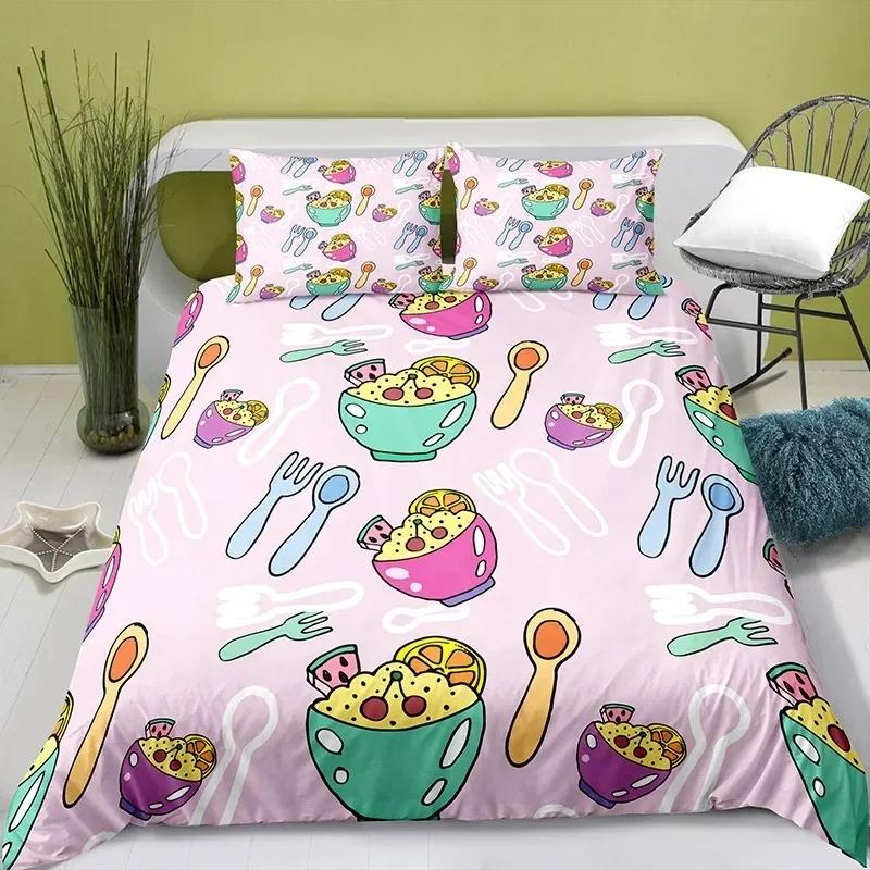 Lovely Cartoon Food King Queen Duvet Cover Pearl Milk Tea Bedding Set Kids Teens Adults Dessert Fries Cola Polyester Quilt Cover