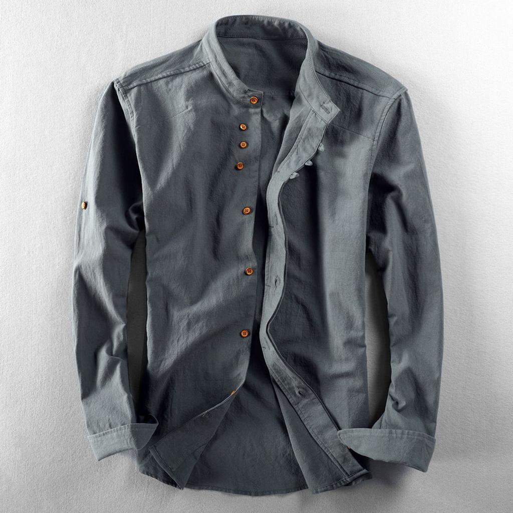 Men's Color Stand Collar Long Sleeve Casual Shirt Cotton Linen Loose Fit