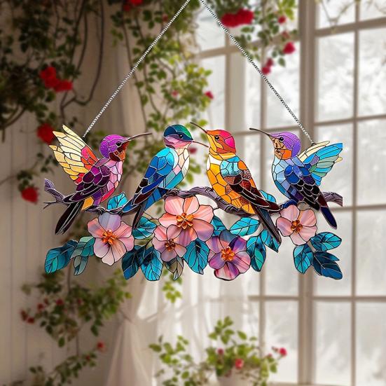 Yousheng Colorful Birds Sun Catcher Acrylic Hanging Ornament Stained Glass Style Suncatcher Bird Lovers Gift for Home Window Decor Garden Porch
