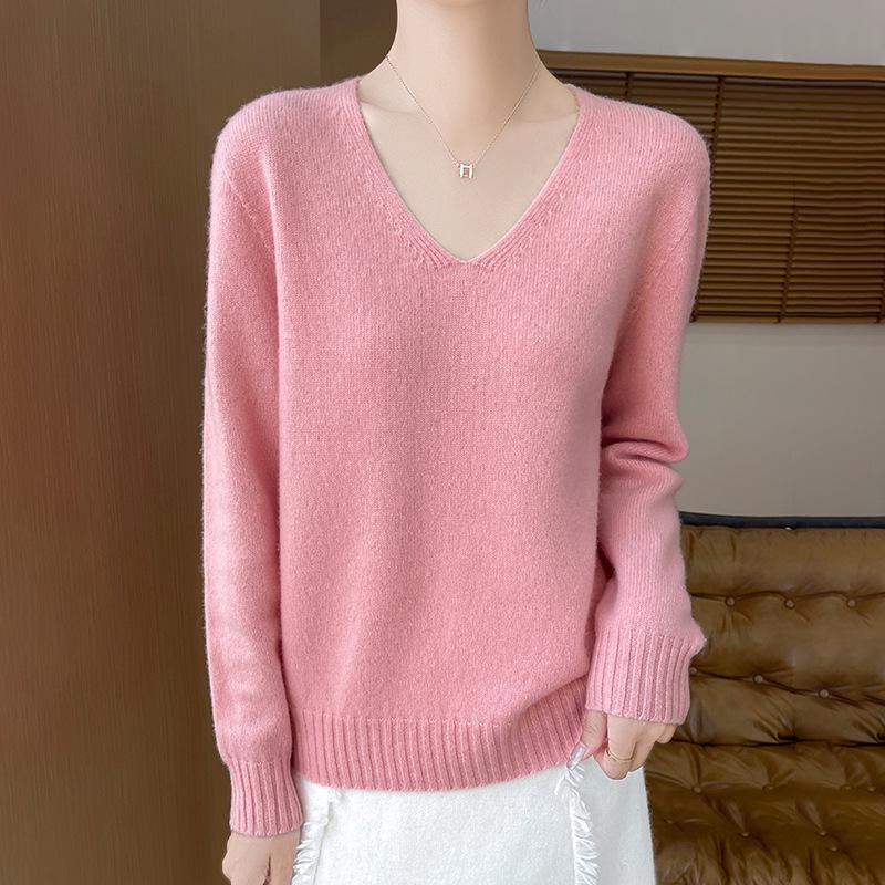 Women's V-Neck Wool Cashmere Sweater: Autumn/Winter Fashionable Long Sleeve Knit Pullover.