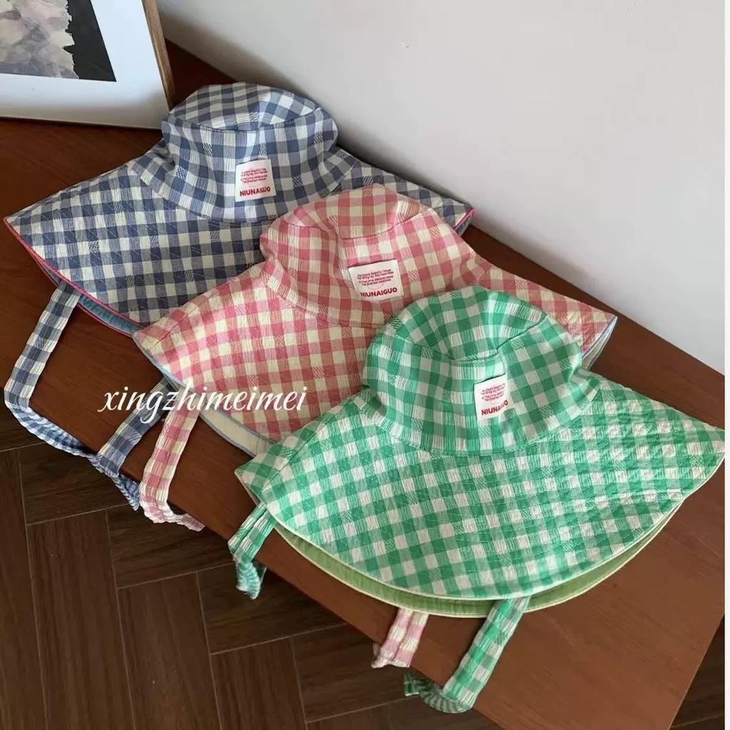 Women's Summer Korean Style Ins Plaid Lace-Up Bucket Hat Large Brim Reversible Sun Protection Outdoor Travel Sun Hat