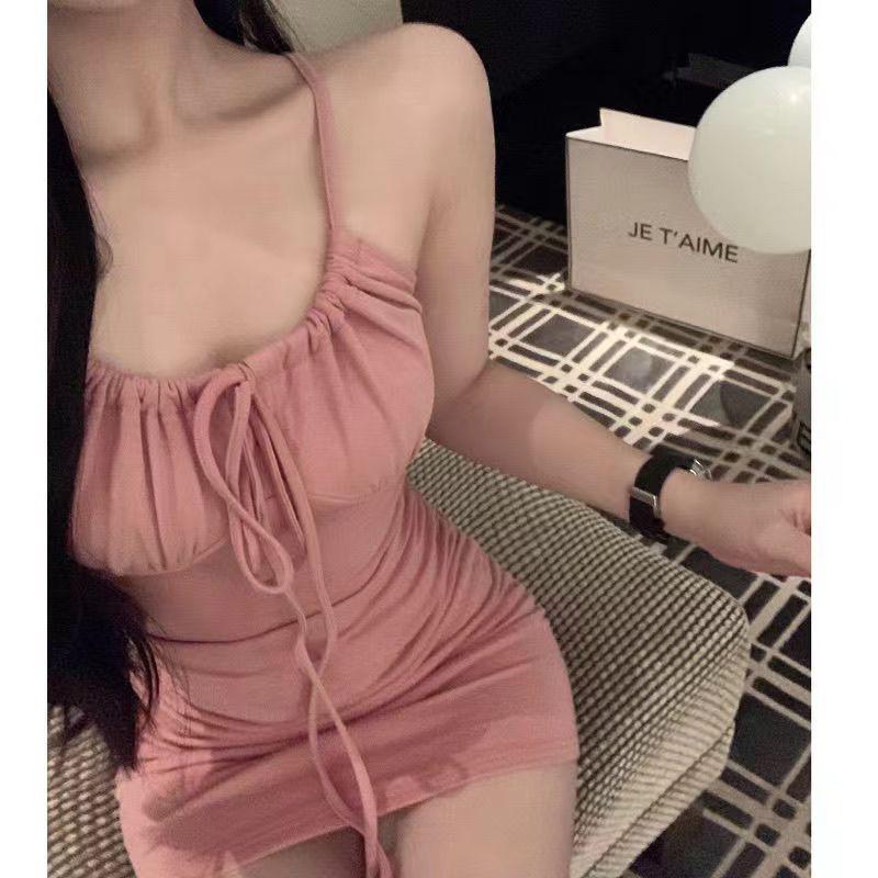 High Waist Tight Suspenders Neck Dress Women's Summer Pure Desire Pink Pumping Pleated Lace-up Spice Girl Hip Skirt Short Skirt