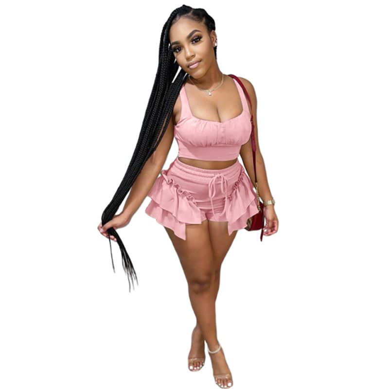 

Two-Piece Lace-up Vest Pleated Shorts Pink XL