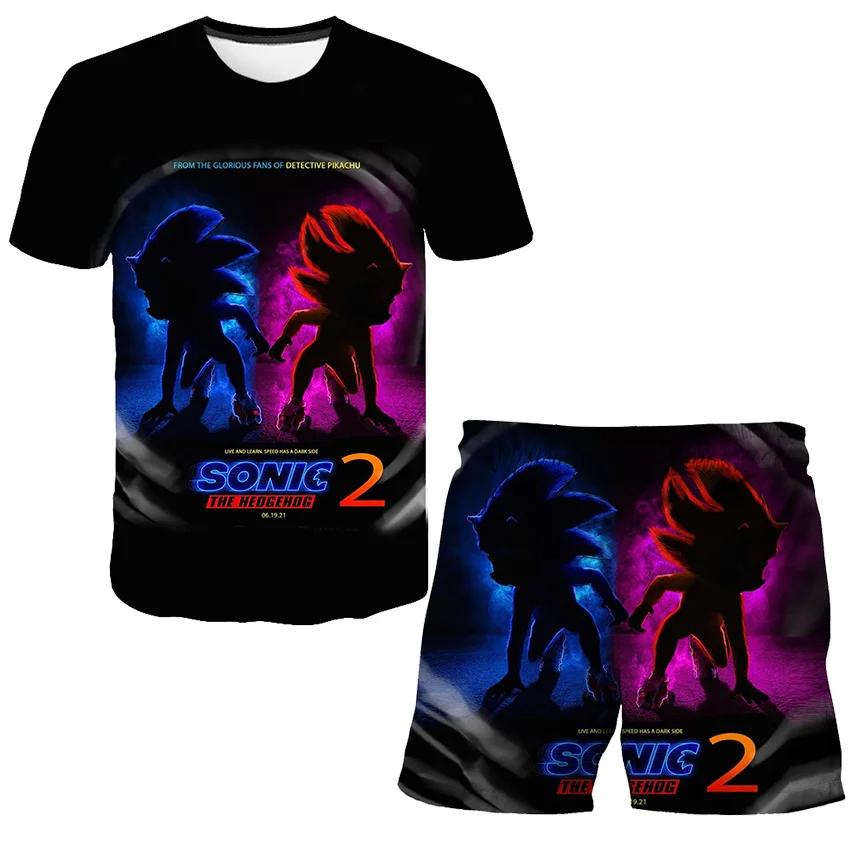 2025 MINISO New boys and girls super sonic Tshirts+shorts  Harajuku Sonic print suit T-shirt + shorts fashion street style children's short sleeves