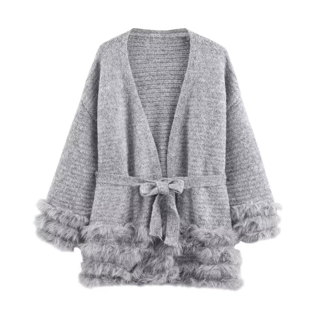European and American style, new women's fashion, versatile, cross-border belt furry knit cardigan
