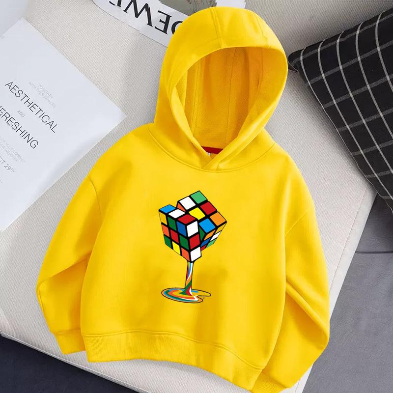 Children's Autumn Hoodie Rubik's Cube Pattern Hoodie, Magic Cube Printed Fashion Versatile Style Girls' Top