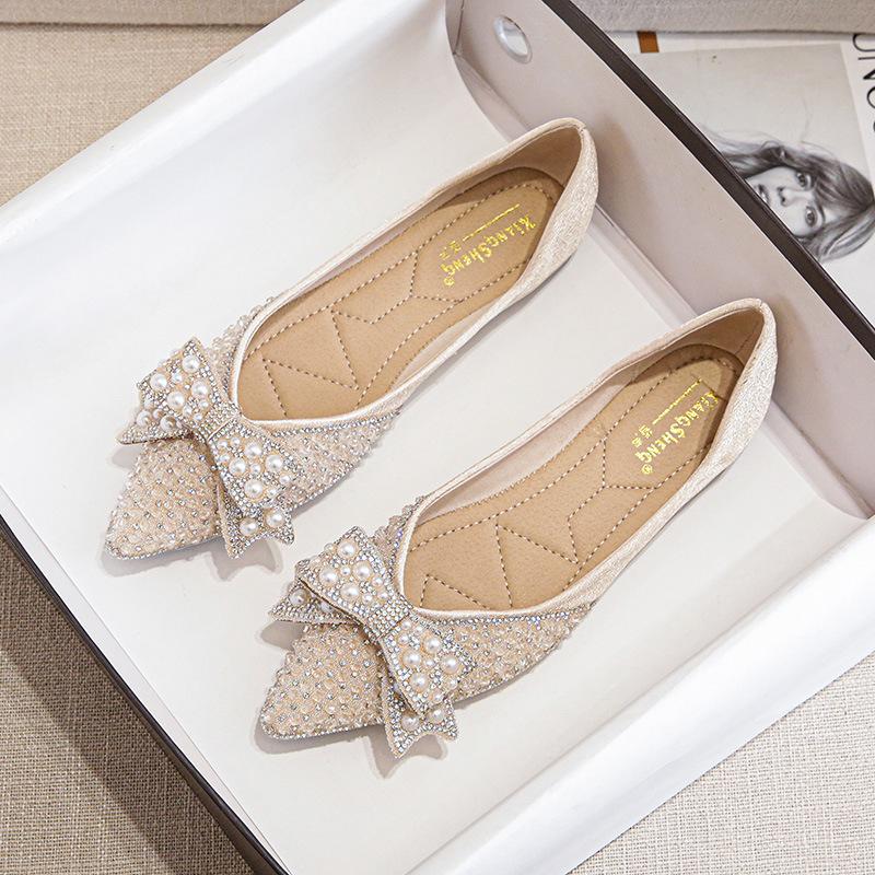 

Женские туфли-лодочки новые туфли феи с мелким вырезом, острым носком, стразами и бантом, на плоской подошве 43 абрикосовый