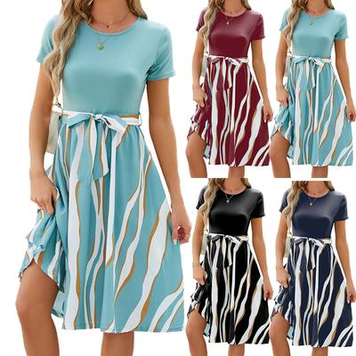 Sommer Damen Freizeitkleid Rundhals Musterdruck Kurzarm Taille Schleife Strandparty Midi-Kleider