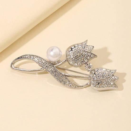 Women Alloy Brooch Pin, Tulip Shape Lapel Badge with Imitation Pearl Rhinestones Inlaid, Brooch Versatile Accessory for Sweaters Collars Hats Bags