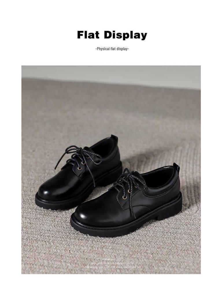 British Style Round Toe Women's Workplace Loafers - Lace-up, Thick Sole, Mid-Heel Leather Shoes